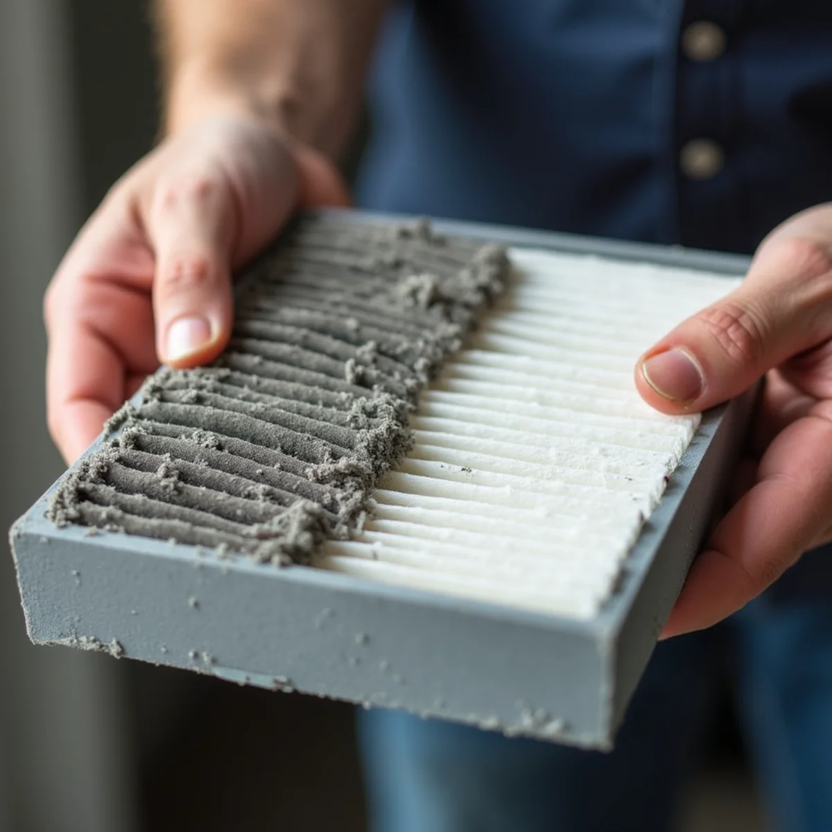 Inspecting and replacing a dirty, dust-clogged 1-inch pleated AC air filter