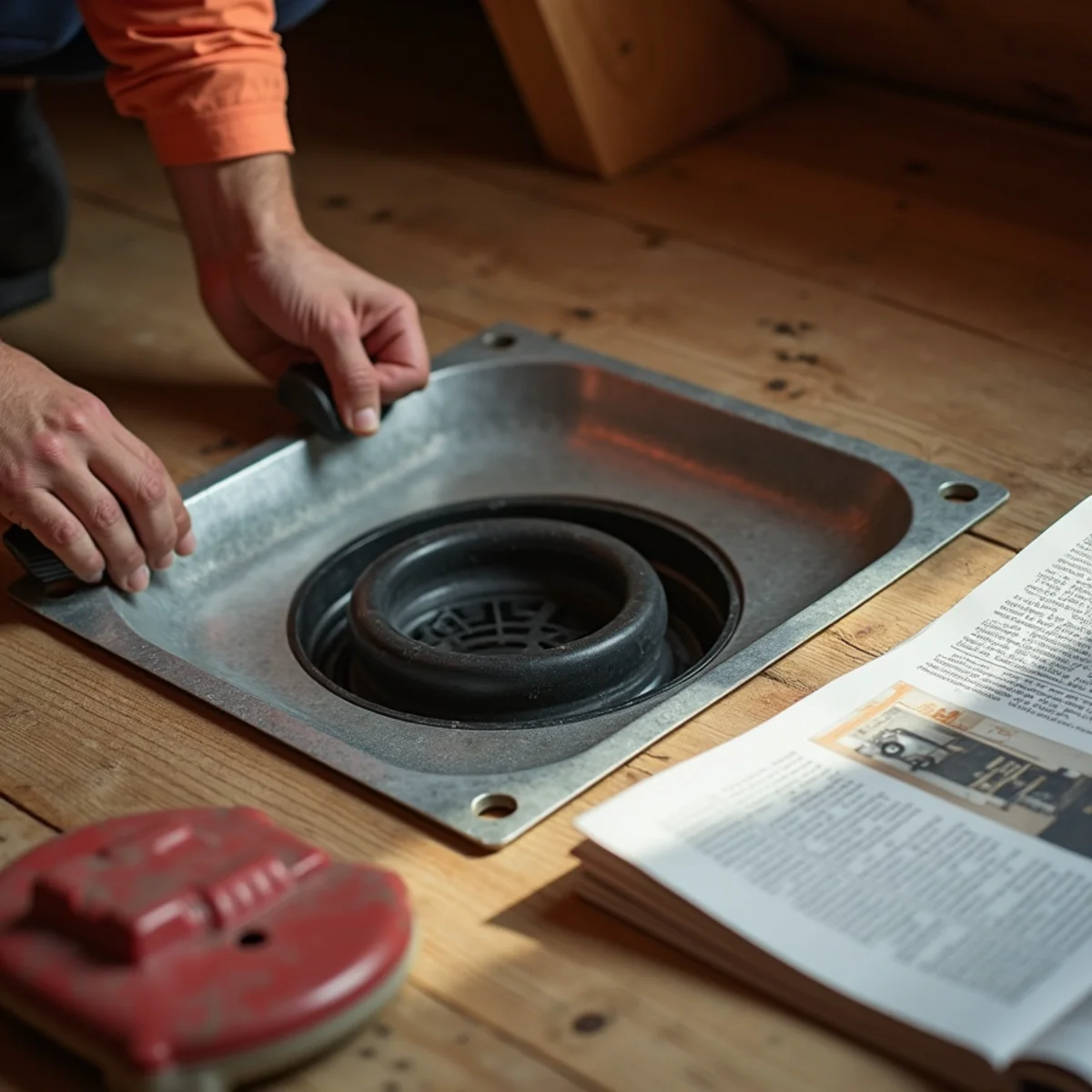Attic secondary drain pan with water and tripped safety float switch