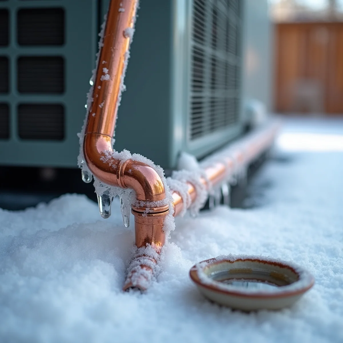 Visible ice buildup along insulated copper suction refrigerant lineset outside home