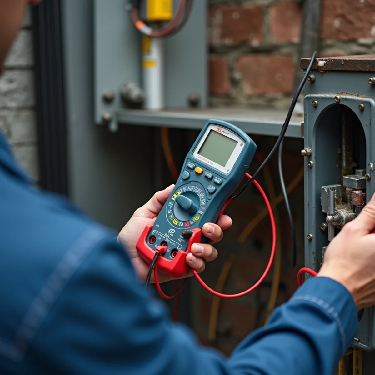 Licensed HVAC technician testing capacitor microfarads with a digital multimeter