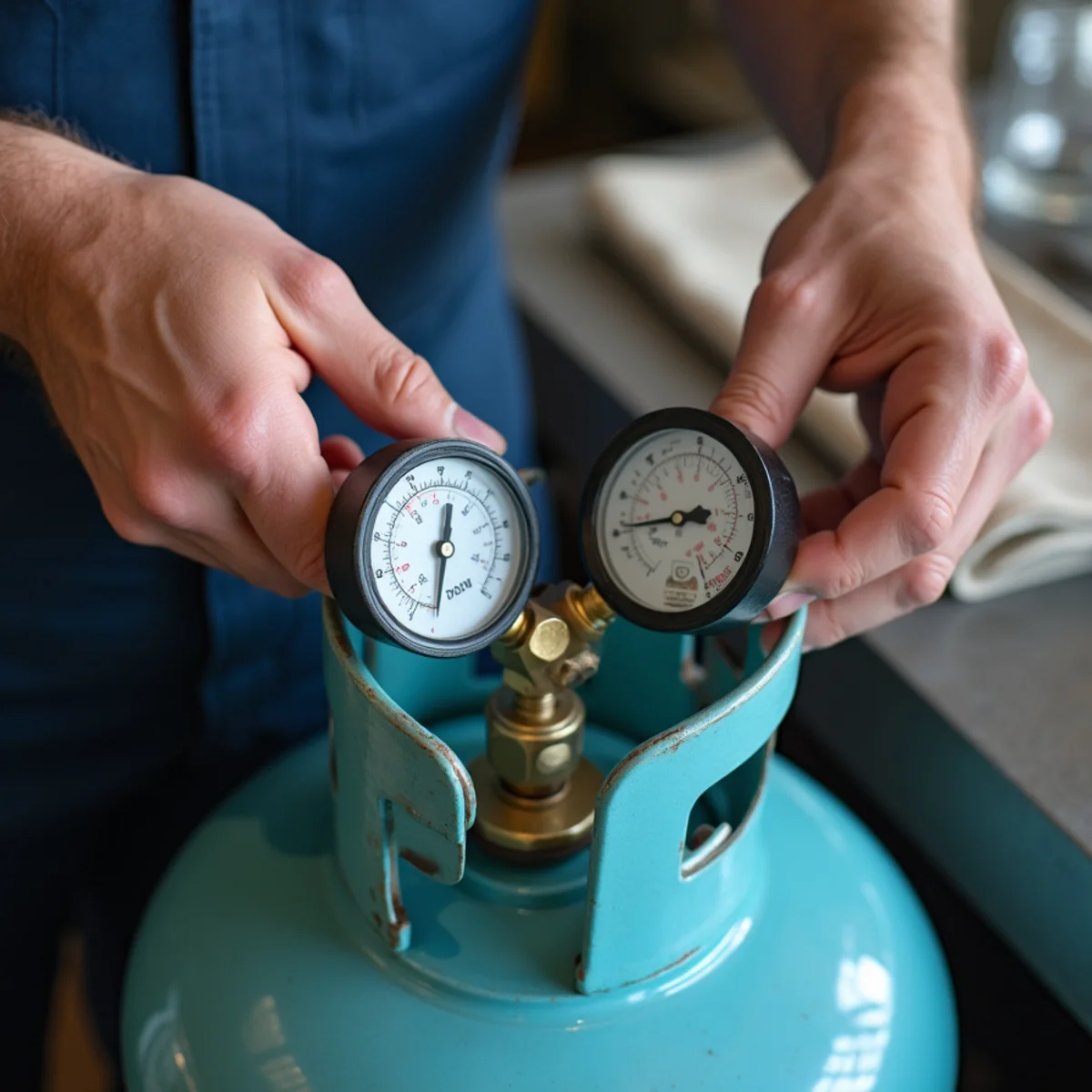 EPA certified refrigerant recovery cylinder and digital gauges on job site