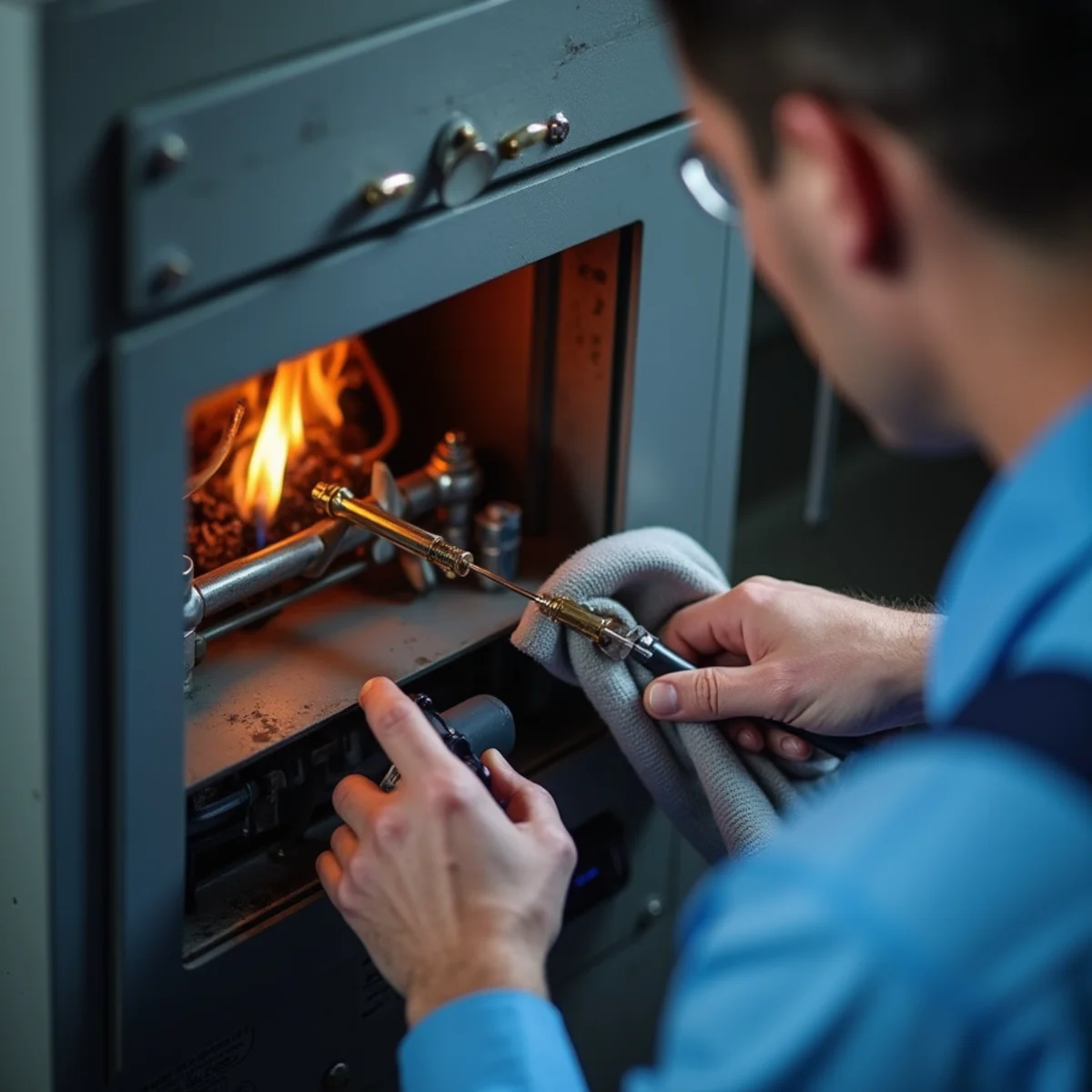 Technician cleaning an oxidized gas furnace flame sensor to restore ignition sequence
