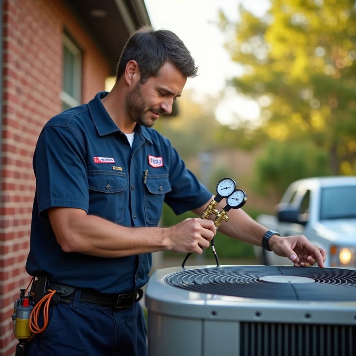 Licensed HVAC technician servicing central air conditioner outside a Humble TX home