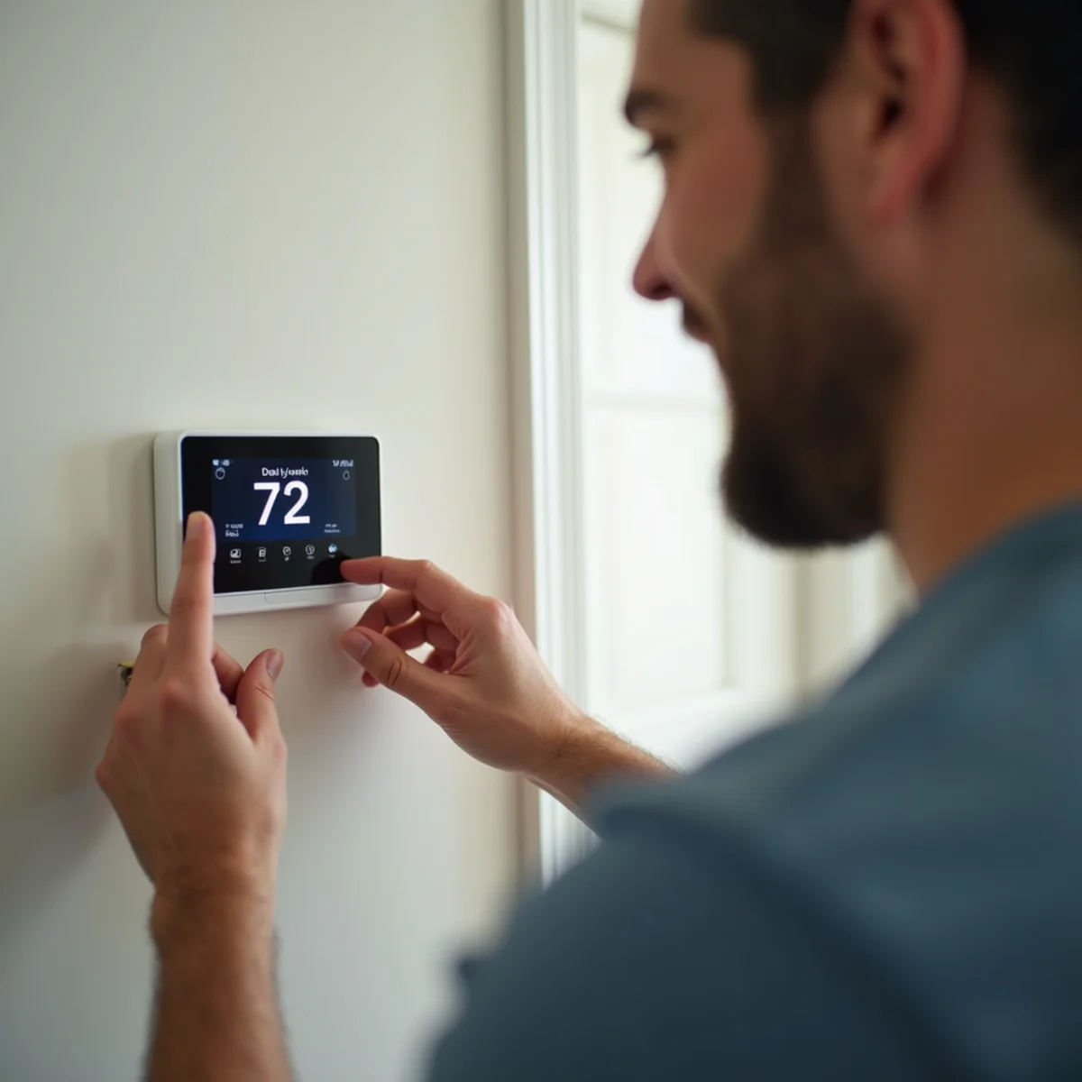 Relieved homeowner adjusting digital thermostat after air conditioning repair in Humble