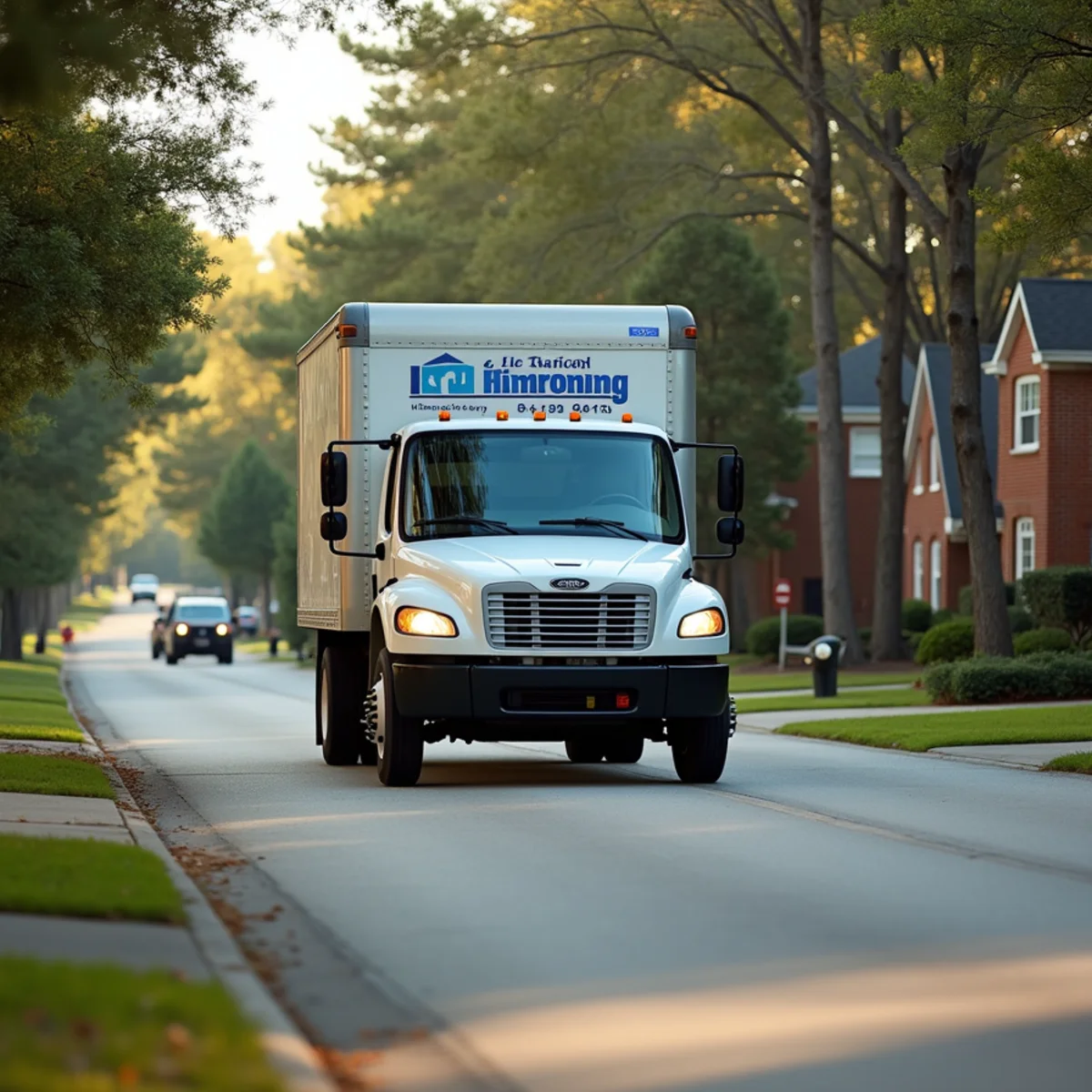 HVAC service truck traveling on highway toward suburban residential neighborhood in Humble TX