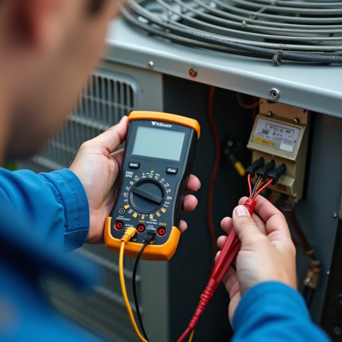 HVAC technician testing electronic components and electrical disconnect switch on high-efficiency condenser