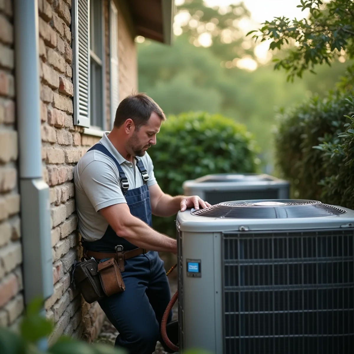 HVAC contractor servicing an older split system air conditioner in Spring, TX